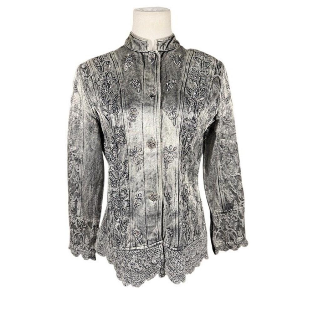 Flashback Gray Acid Wash Embroidered Floral Crochet Lace Trim Jacket Women Small
